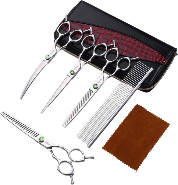 Dog Grooming Scissors Kit, 6 In 1 Dog Scissors 440C Stainless Steel Pet Grooming Set - Straight Thinning Curved Chunker Shears And Comb For Dogs And Cats, Sharp & Durable