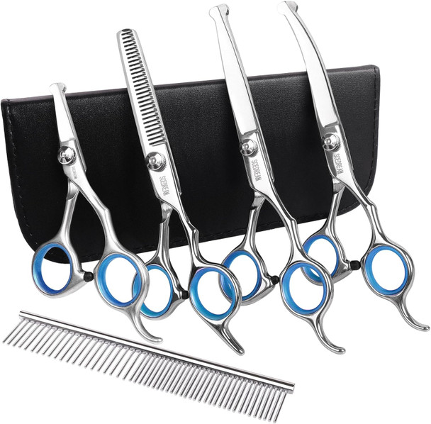 Professional Dog Grooming Scissors With Safety Round Tips, 6 In 1 Dog Grooming Scissors Kit, 4Cr Stainless Steel Professional Pet Grooming Shears For Dog, Sharp And Durable, Blue