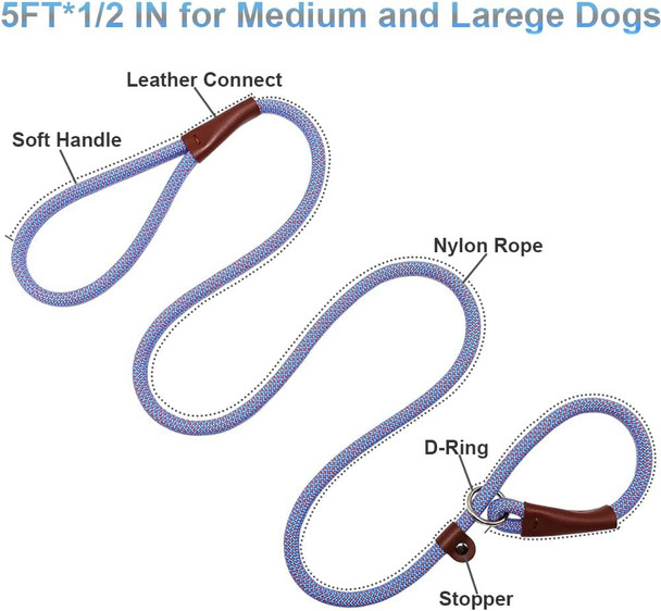 2-Pack Slip Lead Dog Leash 5Ft, Strong Nylon Rope Dog Training Leash For Medium Large Dogs, Active Pets Behavior Correct Exercise And Outdoor Walking