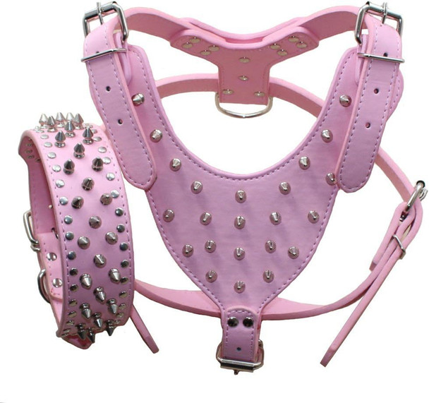 Spiked Studded Pu Leather Dog Harness Collar Set For Large Breed Pit Bull Bully Husky Terrier (Studs Pink, M)
