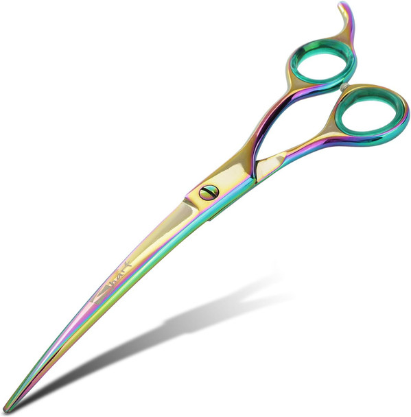 Rainbow 8.5 Inch Curved Dog Grooming Scissors Professional - Trusted Brand - Premium Steel Professional Dog Grooming Scissors Curved - Ergonomic Design For Effortless Pet Scissors Grooming