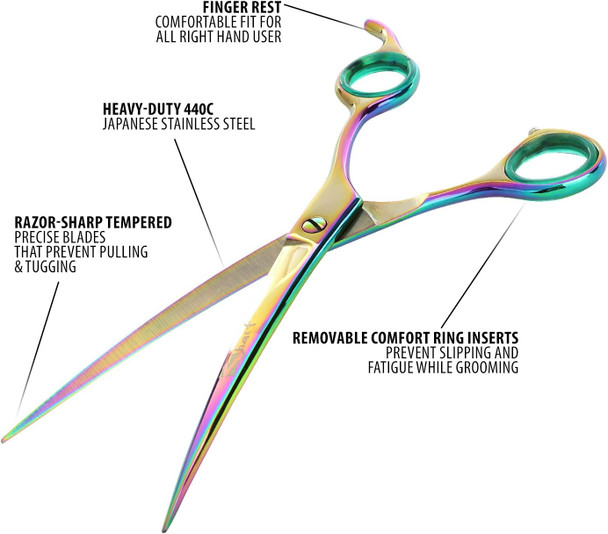 Rainbow 8.5 Inch Curved Dog Grooming Scissors Professional - Trusted Brand - Premium Steel Professional Dog Grooming Scissors Curved - Ergonomic Design For Effortless Pet Scissors Grooming