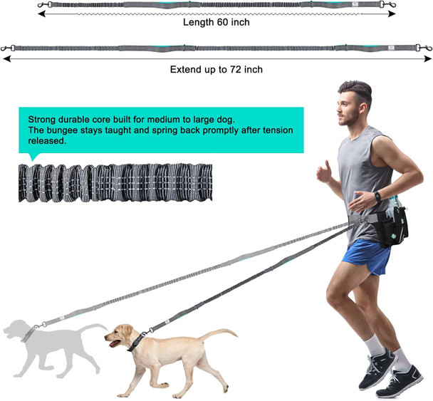 Shine Hai Retractable Hands Dog Leash With Dual Bungees For 2 Dogs, Adjustable Waist Belt Fanny Pack, Reflective Stitching Leash For Running Walking Hiking Jogging Biking Black
