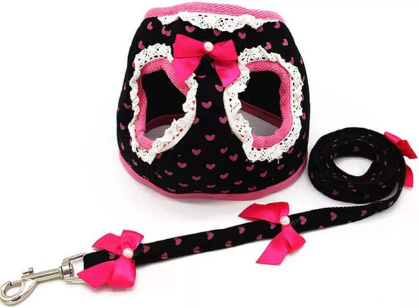 Cute Dog Vest Small Dog Harnesses With Leash Set - Soft Adjustable Mesh Harness And Lead Cute Puppy Walking Leads Chihuahua/Black/Pink