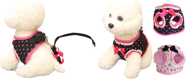 Cute Dog Vest Small Dog Harnesses With Leash Set - Soft Adjustable Mesh Harness And Lead Cute Puppy Walking Leads Chihuahua/Black/Pink