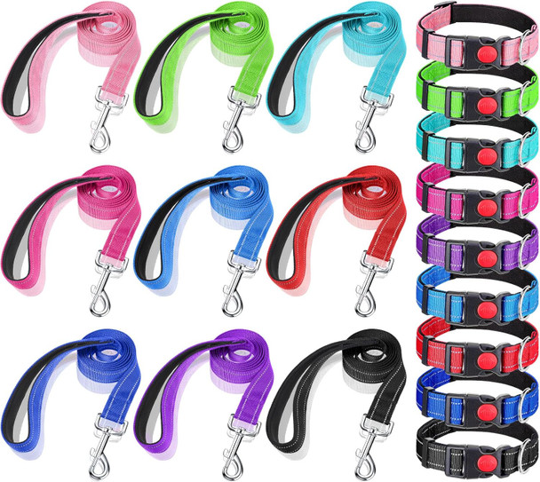 9 Sets Dog Collar And Leash Set For Small Medium Large Dogs Reflective Nylon Dogs Leashes Adjustable Dog Collar Padded Handle Dog Leash Walking Training (Lovely Color)