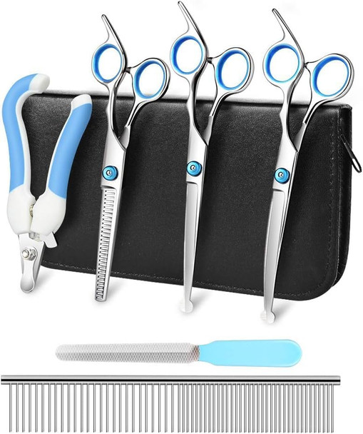 Professional Dog Grooming Scissors Kit Safety Round Tip With Dog Nail Clippers Stainless Steel Comb Thinning Scissors Curved Scissors Straight Scissors 6 In 1 Pet Grooming Set For Dogs Hair Care