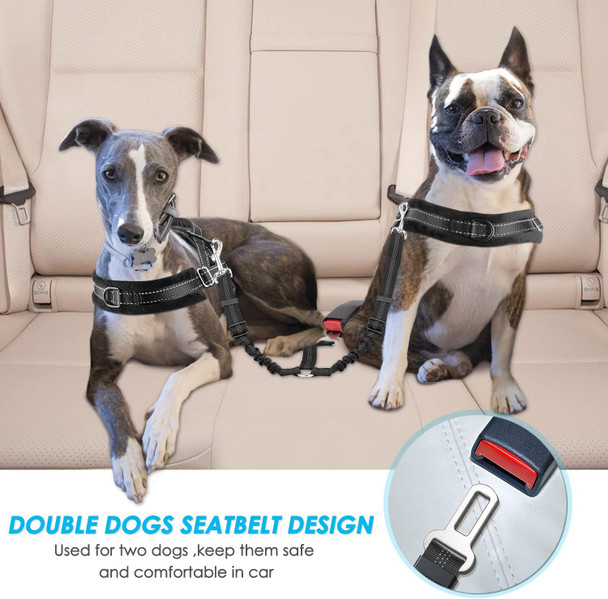 Slowton Dog Seat Belt, Double Dog Seatbelt Adjustable Vehicle Safety Leash With Elastic Bungee Buffer, Reflective No Tangle Y Shape Two Dog Harness Seat Belt Splitter For Pets Car Trip (Black, M)