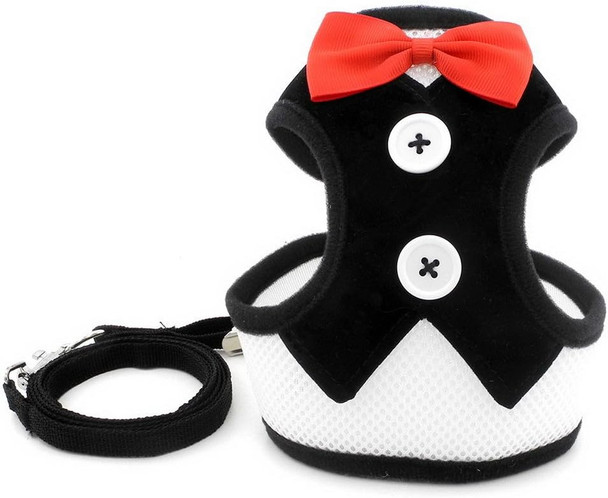 Smalllee_Lucky_Store Bowtie Small Dog Tuxedo Harness For Puppy Boy, Adjustable Soft Mesh Cat Harness Vest Leash Set Black L