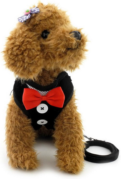 Smalllee_Lucky_Store Bowtie Small Dog Tuxedo Harness For Puppy Boy, Adjustable Soft Mesh Cat Harness Vest Leash Set Black L