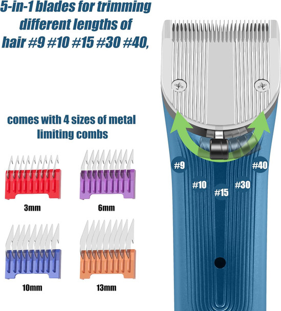 Professional Animal Pet Dog Cat And Horse Cordless Hair Clipper Grooming Kit With 5 In 1 Blade Low Noise & High Power Rechargeable Cordless Pet Grooming Clipper For For Thick Heavy Coats (Blue)