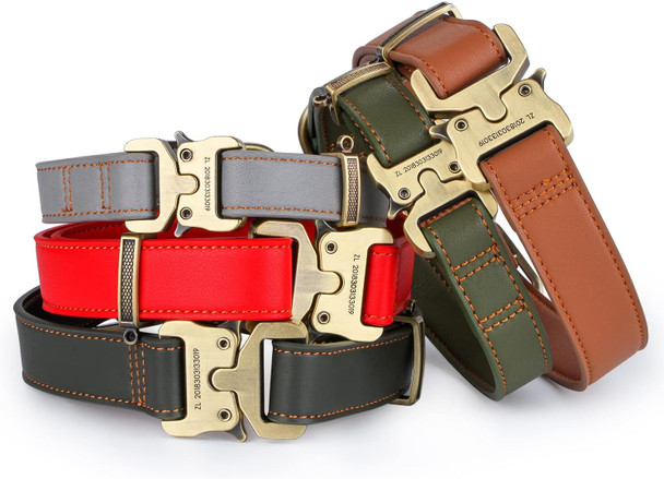 Leather Dog Collar Adjustable Heavy Duty With Handle For Dog，Tactical Collar With Quick-Release Metal Buckle (M-0.8×(12-16), Khaki)