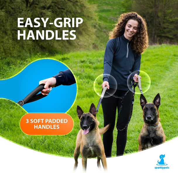 Sparklypets Double Dog Leash For 2 Dogs – Rope Bungee Dual Leash For Medium And Large Dogs With Padded Handles & Tangle (Black, Medium/Large)