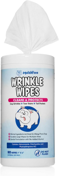 Squishface Wrinkle Wipes – 5”X7” Large Dog Wipes - Deodorizing, Tear Stain Remover – Great For English Bulldog, Pugs, Frenchie, Bulldogs, French Bulldogs & Any Breed (80 Count)