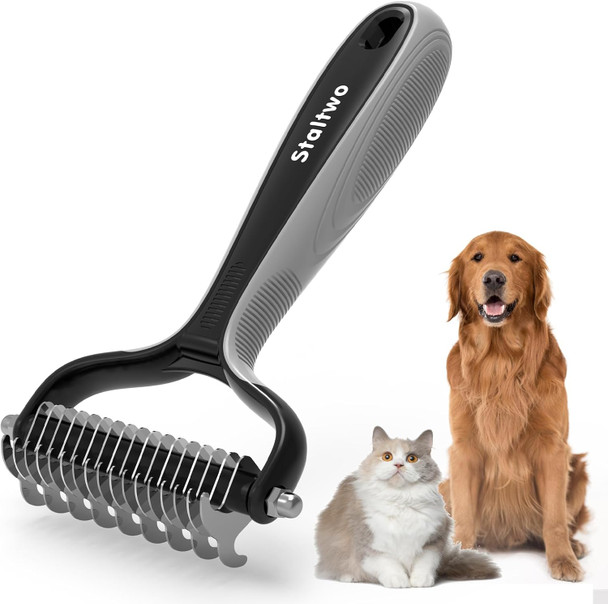 Pet Grooming Supplies - 2-In-1 Professional Undercoat Rake And Pet Brush Shedding Control For Long-Haired Dogs And Cats, Deshedding Tool, Knot Removal,Grey
