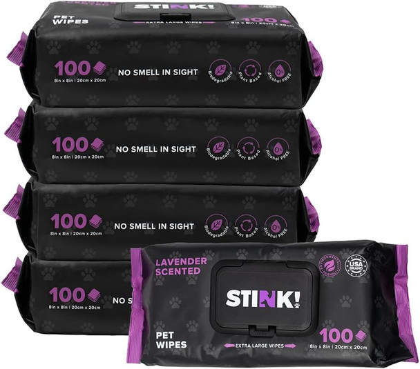 Stink Plant Based Pet Wipes - Biodegradable - Dirt And Odor Control - Grooming Wipes For Easy Cleaning On Paws Body And Bum - Lavender Scented - 8 X 8 - 400 Count