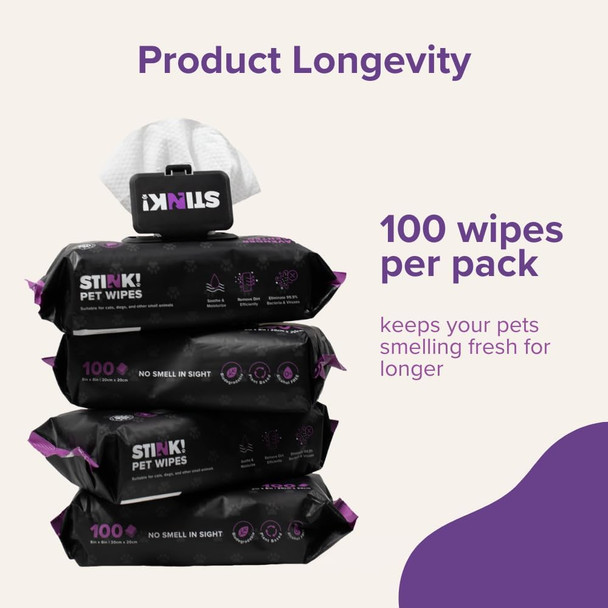 Stink Plant Based Pet Wipes - Biodegradable - Dirt And Odor Control - Grooming Wipes For Easy Cleaning On Paws Body And Bum - Lavender Scented - 8 X 8 - 400 Count