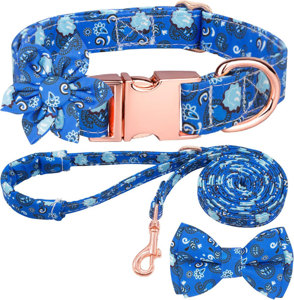 Girl Dog Collar And Leash Sets With Bow Tie, Dog Collar With Detachable Flower With Dog Tag Strong Gold Buckle For Small Medium Large Dogs