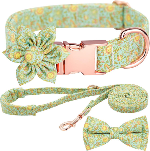 Girl Dog Collar And Leash Sets With Bow Tie, Dog Collar With Detachable Flower With Dog Tag Strong Gold Buckle For Small Medium Large Dogs