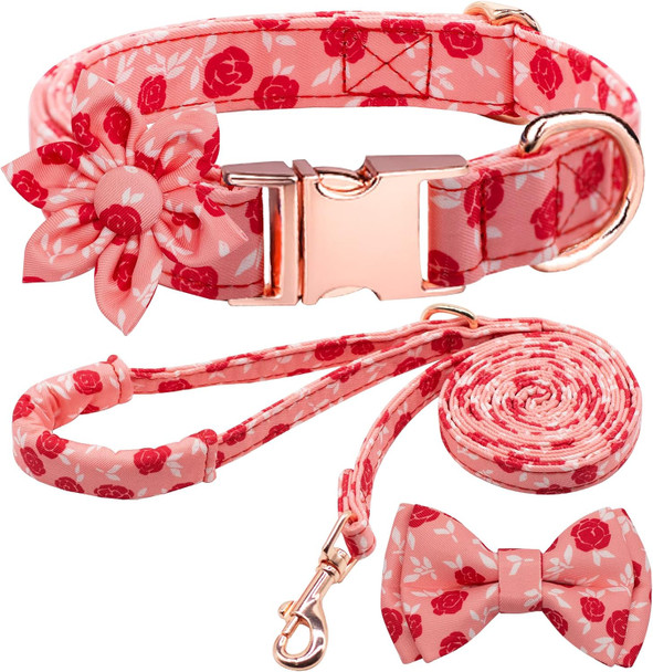 Girl Dog Collar And Leash Sets With Bow Tie, Dog Collar With Detachable Flower With Dog Tag Strong Gold Buckle For Small Medium Large Dogs