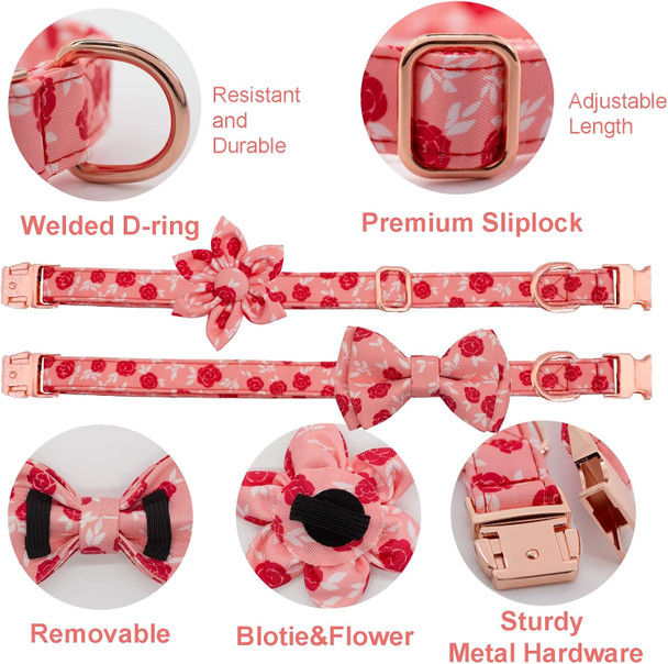 Girl Dog Collar And Leash Sets With Bow Tie, Dog Collar With Detachable Flower With Dog Tag Strong Gold Buckle For Small Medium Large Dogs
