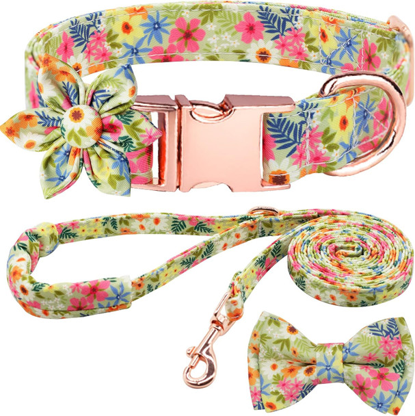 Girl Dog Collar And Leash Sets With Bow Tie, Dog Collar With Detachable Flower With Dog Tag Strong Gold Buckle For Small Medium Large Dogs