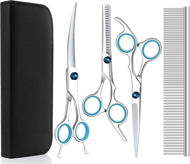 Professional Dog Grooming Scissors Set With Safety Round Tip 4Cr Stainless Steel Pet Grooming Shears For Cats & Dogs (Blue)