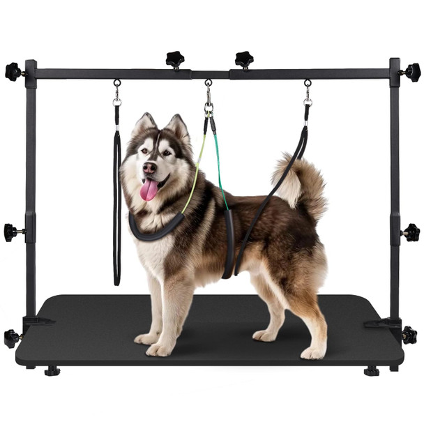 Dog Grooming Table Arm - Adjustable 35 Height, 32-47 Width, Dog Grooming Arm With Clamp And No-Sit Haunch Holders - Perfect For Medium & Large Pets