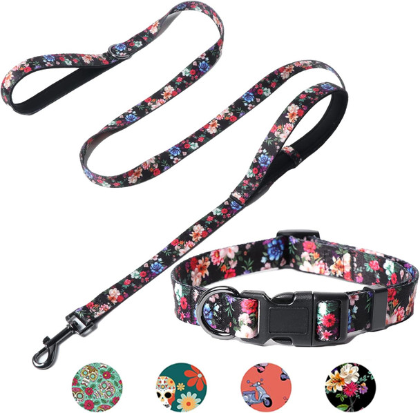 Syeenify Dog Collar And Leash Set For Small Medium Large Dogs,Adjustable Soft Fancy Girl Boy Cute Dog Collars,5 Ft Dog Leash With 2 Padded Handles For Training,Walking