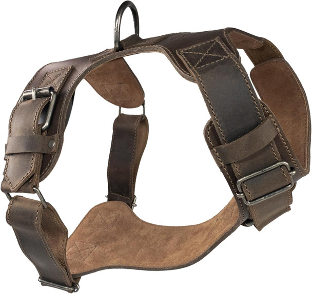 Dog Harness Handmade From Full Grain Leather - Easy And Comfortable Walking, Adjustable, Safe For Your Pet, Prevents Escapes, Heavy Duty Metal - Medium To Large Dog Breeds - Bourbon Brown