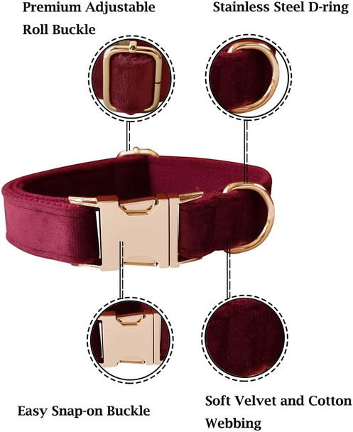 Soft Velvet Dog Collar And Leash Set With Heavy Duty Metal Buckle - Adjustable Durable Pet Collars With Dog Leashes For Small Medium Large Dogs - Comfortable & Easy To Use, Neck 14.6-23.6 Inches