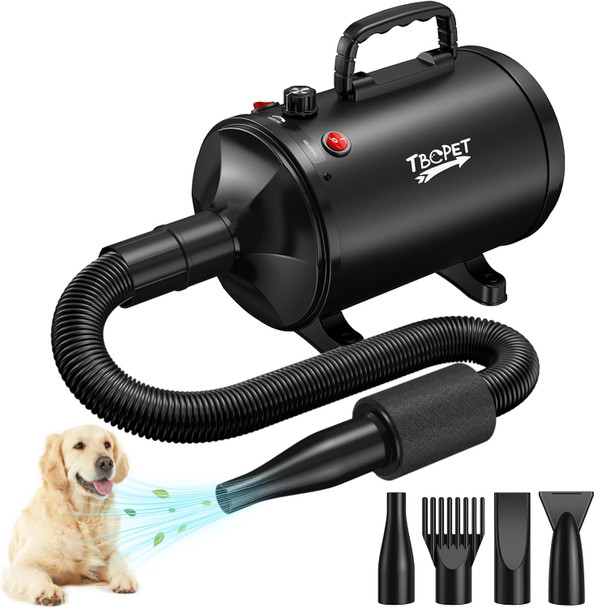 Dog Dryer High Velocity Dog Hair Dryer With 4 Nozzles 5.2Hp/3800W (Professional Super Cyclone), Stepless Adjustable Speed Temperature Dogs Grooming Blow Dryer With Heater For Pets Hair Dryer, Black