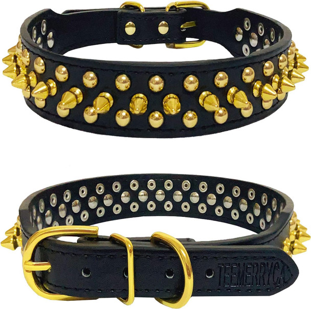 Teemerryca Black Leather Dog Collar With Gold Spikes For Small Medium Large Pets, Pit Bulls/Bulldog, Keep Dog Safe From Grabbing By Huge Dogs, L(15-18.5)