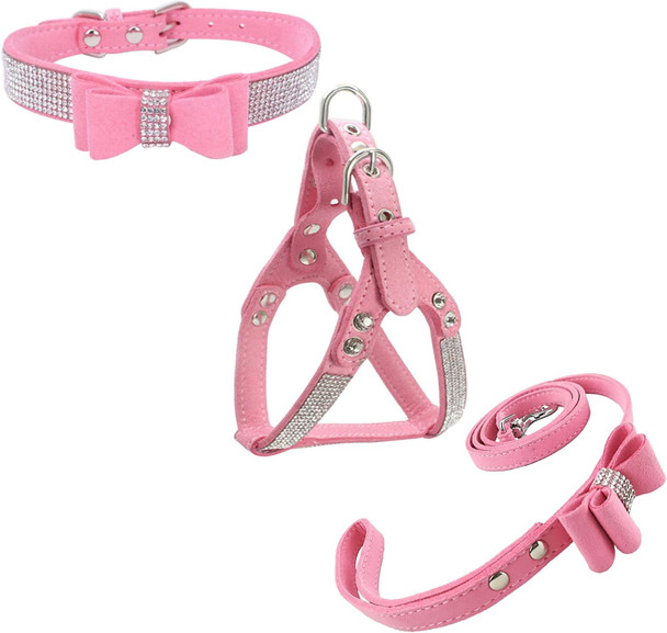 Bowtie Dog Collar & Harness & Lead Sets Comfortable Soft Puppy Collar Diamante With Harness And Leashes Set For Dog - Pink - Xs Bowtie Dog Collar & Harness & Lead Sets Comfortable Soft Puppy Collar Diamante With Harness And Leashes Set For Dog - Pink - Xs
