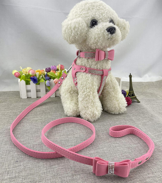 Bowtie Dog Collar & Harness & Lead Sets Comfortable Soft Puppy Collar Diamante With Harness And Leashes Set For Dog - Pink - Xs Bowtie Dog Collar & Harness & Lead Sets Comfortable Soft Puppy Collar Diamante With Harness And Leashes Set For Dog - Pink - Xs