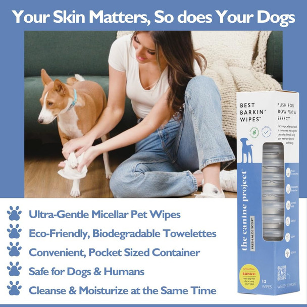 Best Barkin' Wipes With Mesh Bag, Dog Wipes For Paws Ears And Butt, Micellar Aloe Scented Travel Friendly Puppy Wipes (12-Pack)