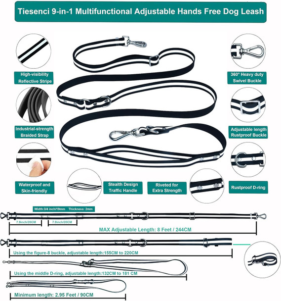 Hands Dog Leash Crossbody 8' 9-In-1 Adjustable Waterproof Waist Leash With Reflective Stripe Traffic Handle For Dog Walking Jogging Running Hiking (Matte Black Up To 80 Lbs)