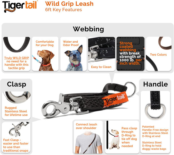 Wild Grip Dog Leash - Signature Waterproof And Odor Proof Dog Lead With Extreme Grip 6Ft