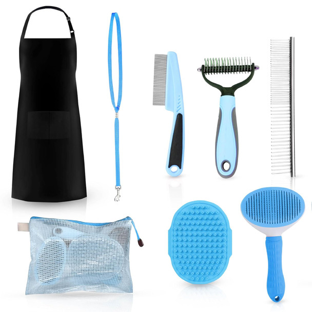 Cat And Dog Brushes For Grooming – Pet Grooming Kit With Brushes, Grooming Loop Leash And Apron – At Home Dog Grooming Supplies With Dematting Comb, Slicker Brush, Dog Bath Brush (Blue)