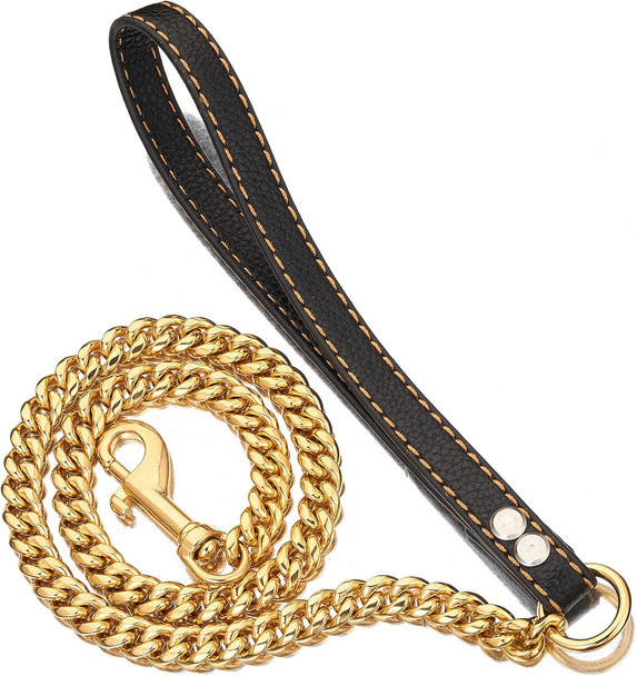 Chain Dog Leash Metal Chew Proof 12Mm 18K Gold Miami Cuban Link Chain With Leather Padded Handle For Large Medium Small Dogs (Total Length 3.5 Feets (For Medium Large Dog))
