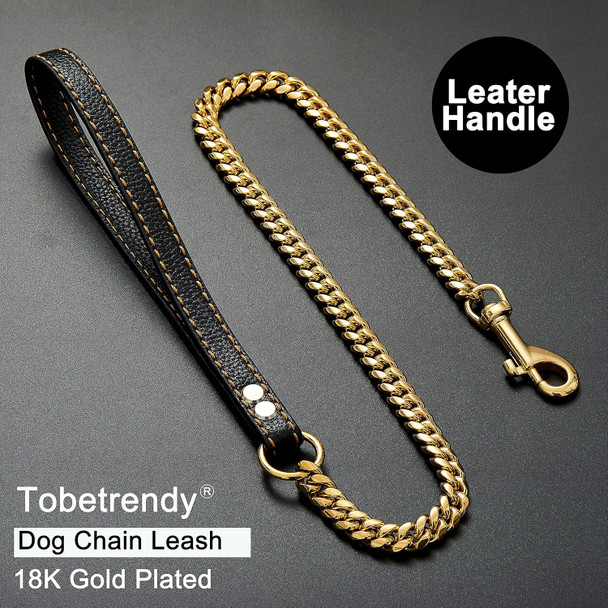 Chain Dog Leash Metal Chew Proof 12Mm 18K Gold Miami Cuban Link Chain With Leather Padded Handle For Large Medium Small Dogs (Total Length 3.5 Feets (For Medium Large Dog))