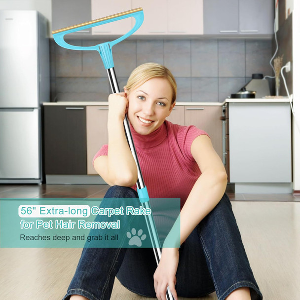 Carpet Rake For Pet Hair Removal, Reusable Pet Hair Removal Tool 56” Adjustable Long Handle Pet Hair Removal Broom, Cat Dog Hair Remover Carpet Brush Scraper For Rugs, Mats, Couch