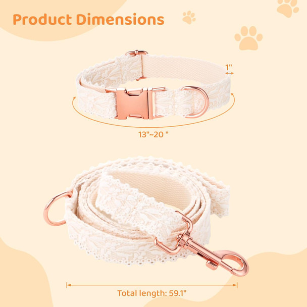 Dog Collar And Leash Set, Lace Puppy Collar Set, Handmade Embroidered Dog Collar And Leash, Adjustable Collar With Metal Clasp And Long Leash For Small Medium Large Dogs