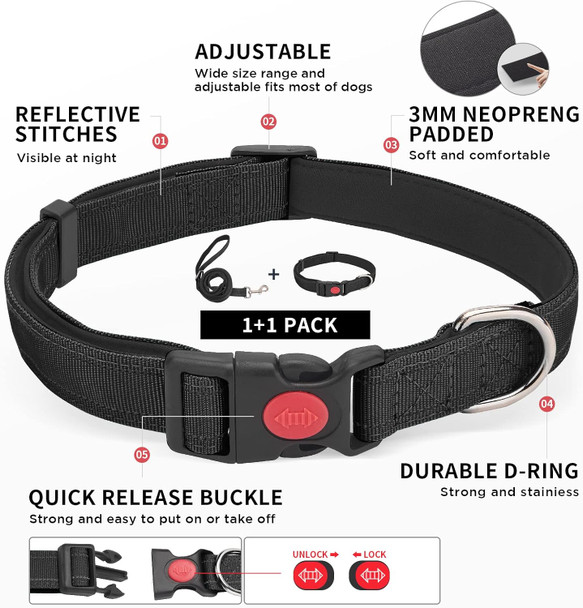 Reflective Dog Collar And Leash Set,Adjustable Neoprene Padded Nylon Collars, 6 Ft Heavy Duty Dog Leash 2 Comfortable Handles Safety Locking Buckle For Puppy Small Medium Extra Large Breed Dog