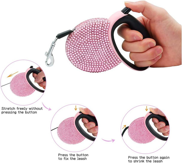 Triumilynn Rhinestone Retractable Dog Leash Bling 10Ft, Cat Walking Leash Pink For Small Breed, Waste Bags Dispenser Included, 360° Tangle-