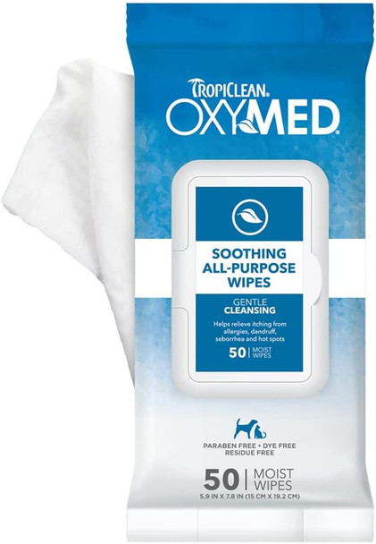 Tropiclean Oxymed Soothing Allover Cat & Dog Wipes For Paws And Butt Anti Itch Relief For Dogs & Cats 50 Count