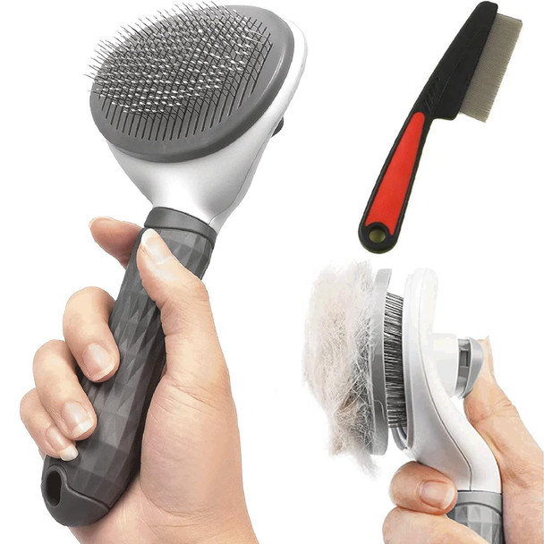 Pet Grooming Brush For Shedding And Grooming Removes Loose Undercoat, Mats And Tangled Hair-Comb For Grooming Long Haired & Short Haired Dogs, Cats, Rabbits, & More (Grey Dog Brush +Lice Comb)