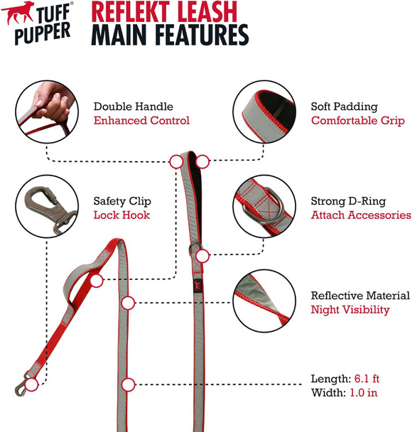 Tuff Pupper Extreme Reflective Dog Leash Heavy Duty Double Handle Dog Leash To Hold Strong Dogs Reflecting For Safe Night Walks 6 Foot Dog Leash W/Lockable Clip For Security Medium & Large Dog