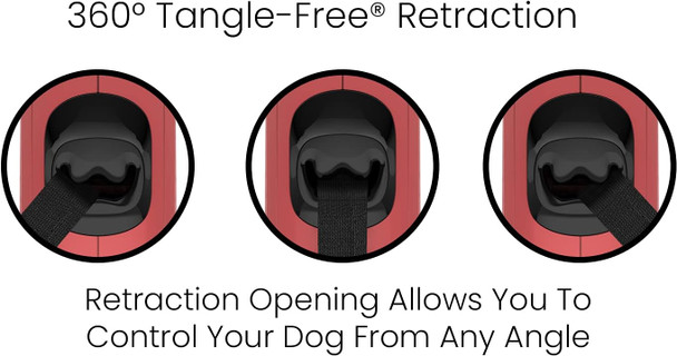 Tug Monochrome 360° Tangle- Retractable Dog Leash 16 Ft Strong Nylon Tape (Large, Red)