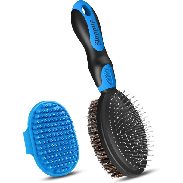 2Pcs Dog Brush I Dog Brush For Shedding I Dog Bath Brush I Dog Brushes For Grooming I Double Sided Dog Hair Brush I Dog Brush For Short/Long Haired Dogs I Premium Pet Supplies (Black Blue)